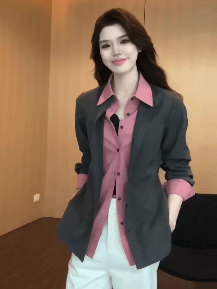 긴팔 여성 셔츠 2026 봄 새로운 한국 스타일 루즈핏 폴로 칼라 맨위 가짜 두 조각 외국 가스 셔츠 카디건 코트 상세 이미지 1