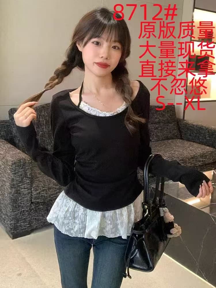 페이크 레이어드 레이스 조각 행침 목 긴팔 티셔츠 여성 봄 여름 디자인 센스 작은 대중 맨위 몸매 가꾸기 슬림해 보이는 기본 셔츠