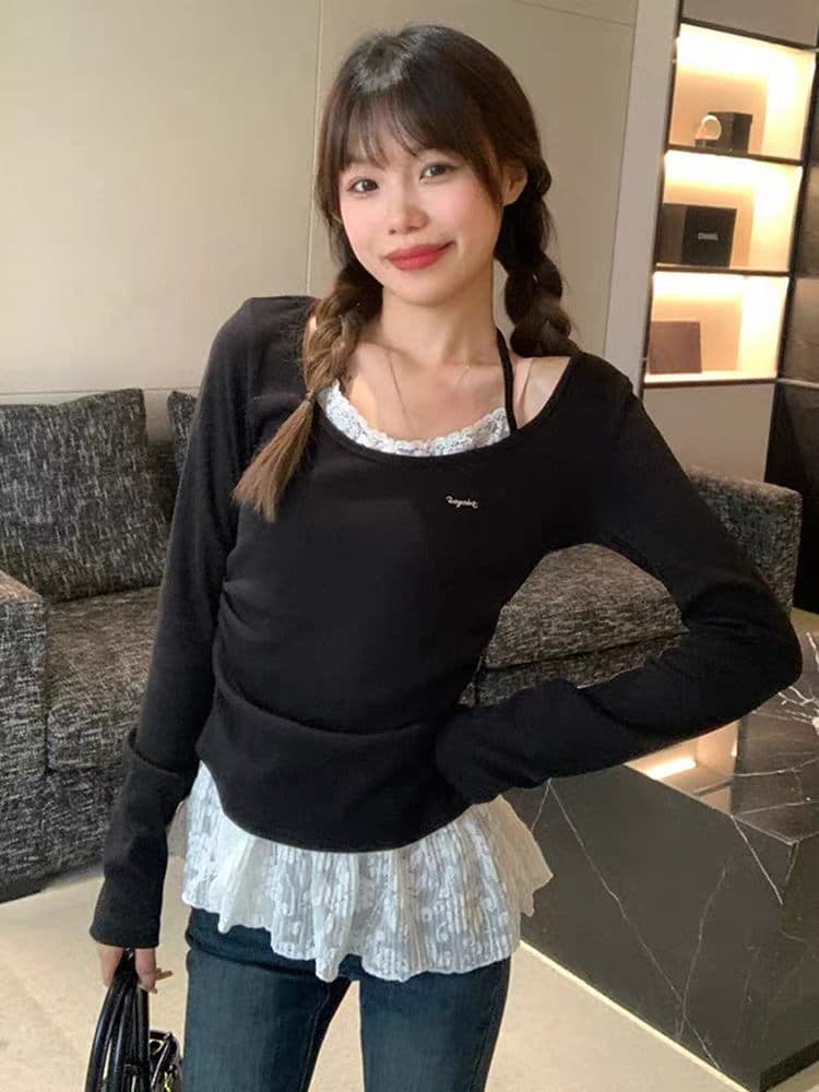 페이크 레이어드 레이스 조각 행침 목 긴팔 티셔츠 여성 봄 여름 디자인 센스 작은 대중 맨위 몸매 가꾸기 슬림해 보이는 기본 셔츠 상세 이미지 1
