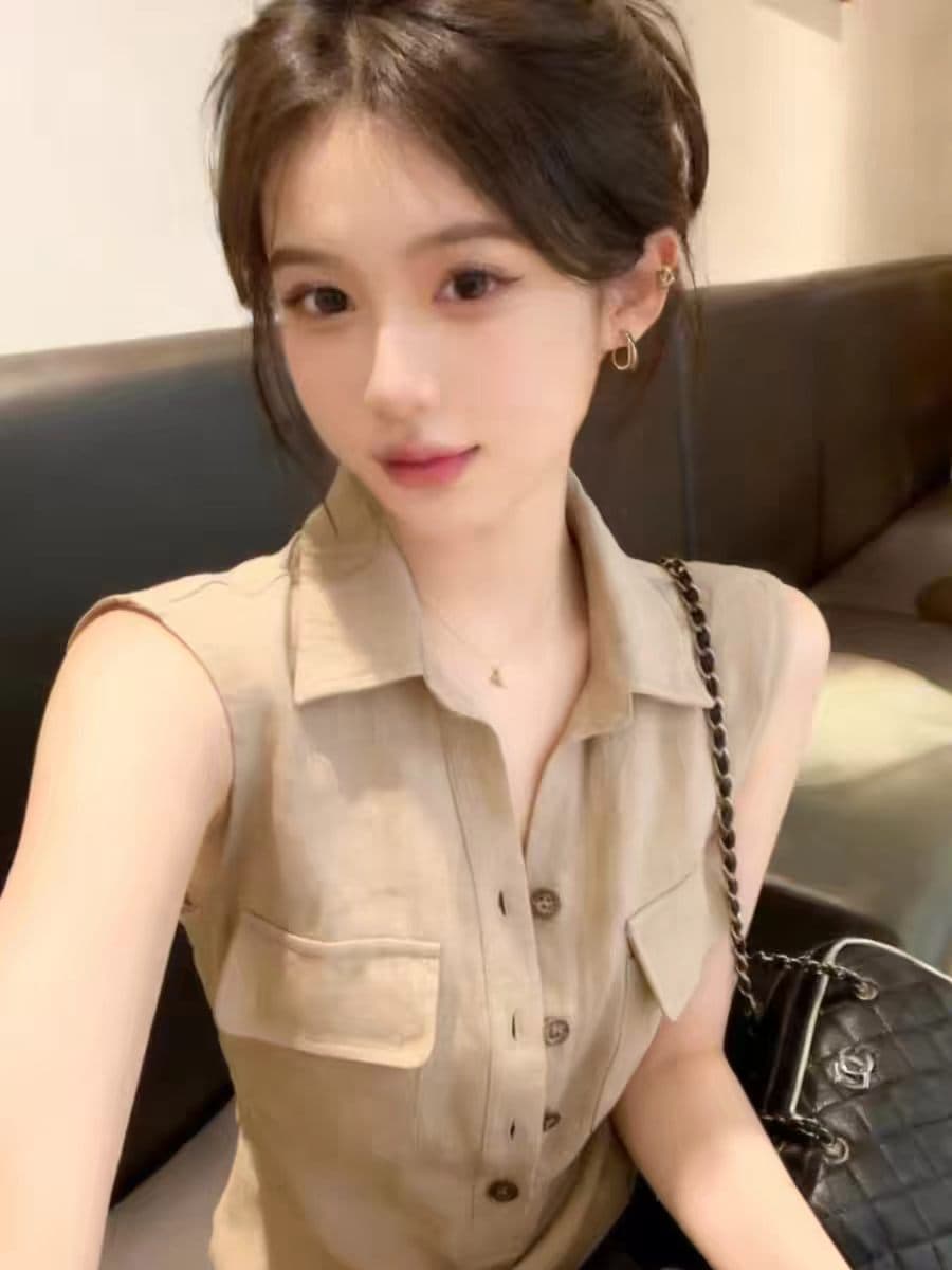 여름 Chic 프랑스식 워크웨어 레트로 베스트 조끼 여성 외출용 디자인 센스 몸매 가꾸기 POLO 칼라 맨위 자이언트 잘 생긴 이미지 4