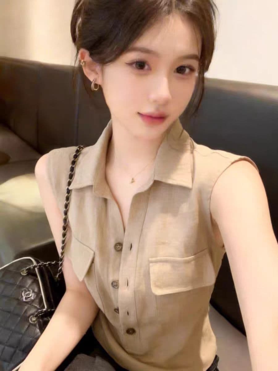 여름 Chic 프랑스식 워크웨어 레트로 베스트 조끼 여성 외출용 디자인 센스 몸매 가꾸기 POLO 칼라 맨위 자이언트 잘 생긴 상세 이미지 1