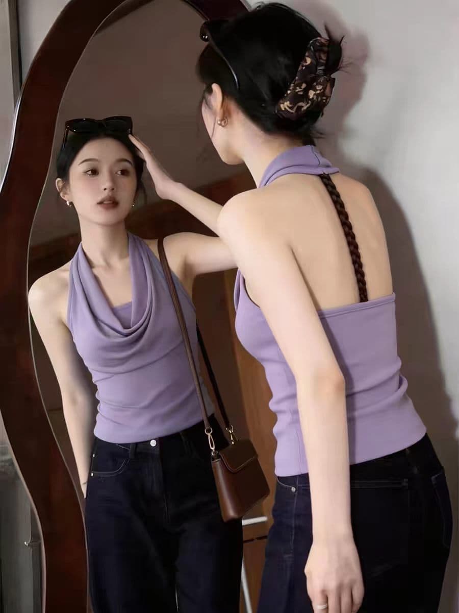 고유 한 아름다운 행침 목 흔들다 칼라 민소매 캐미솔 여름 외출용 핫걸 착용 가져 가라. 몸매 가꾸기 섹시함 백리스 맨위 이미지 2