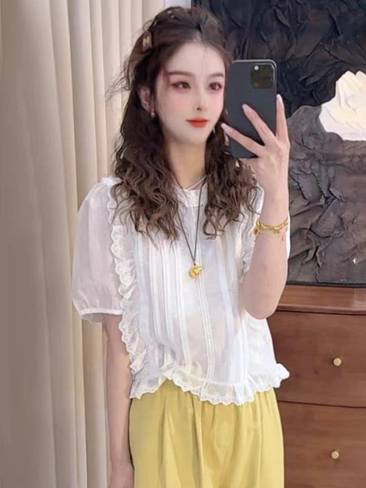 프랑스식 달콤한 스타일 화이트 프릴 반팔 여성 셔츠 여름 새로운 패션 루즈핏 외국 가스 거품 소매 맨위 이미지 3
