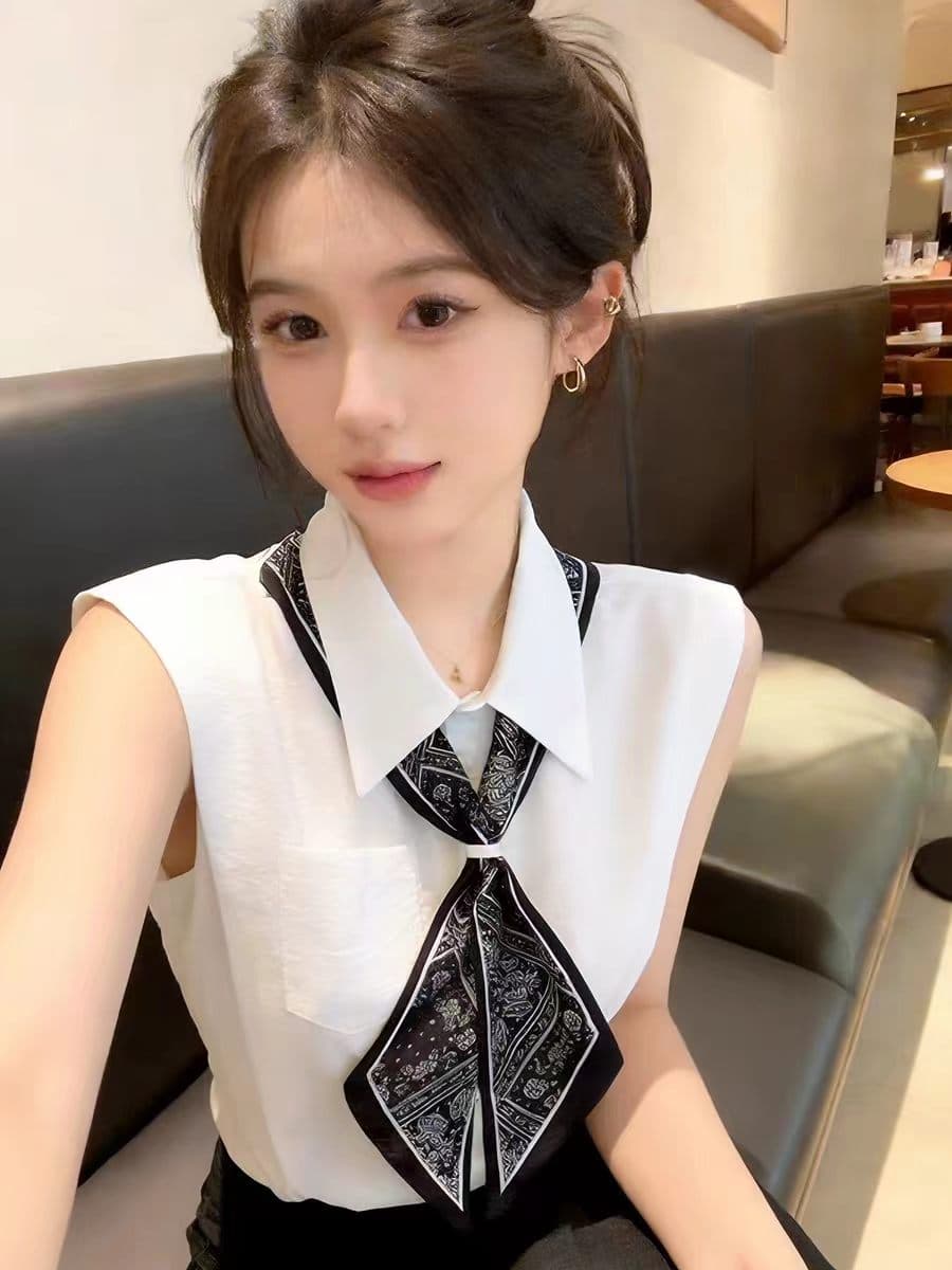 벨트 스카프 민소매 여성 셔츠 여름 반팔 2026 새로운 폭발 프랑스식 사소한 아름다운 맨위 자이언트 잘 생긴 작은 셔츠 이미지 4