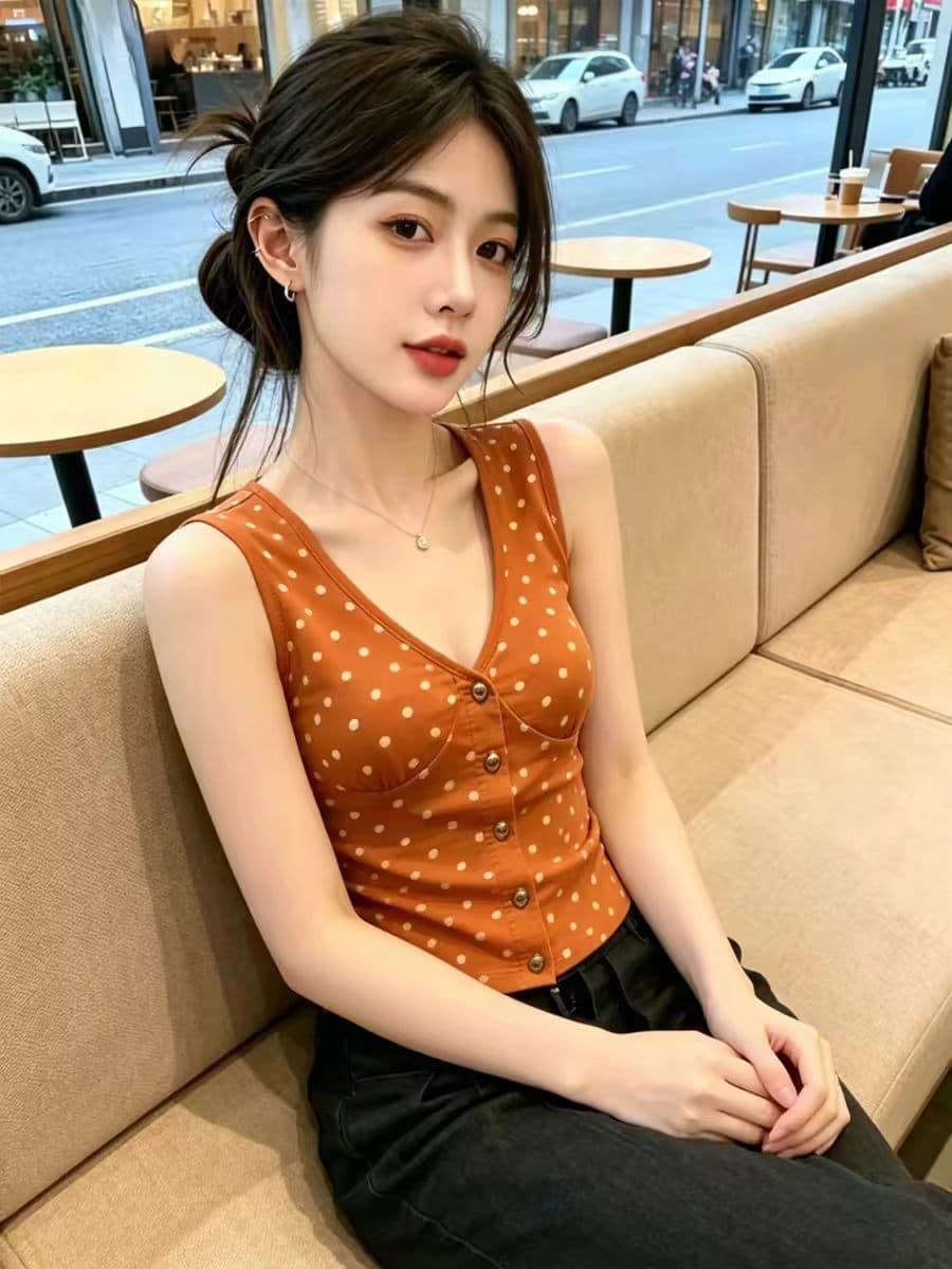 캐러멜 색상 도트 무늬 V넥 허리 수축 캐미솔 2026 새로운 여름 달콤한 자매 바람 데이트 도파민 맨위 이미지 3