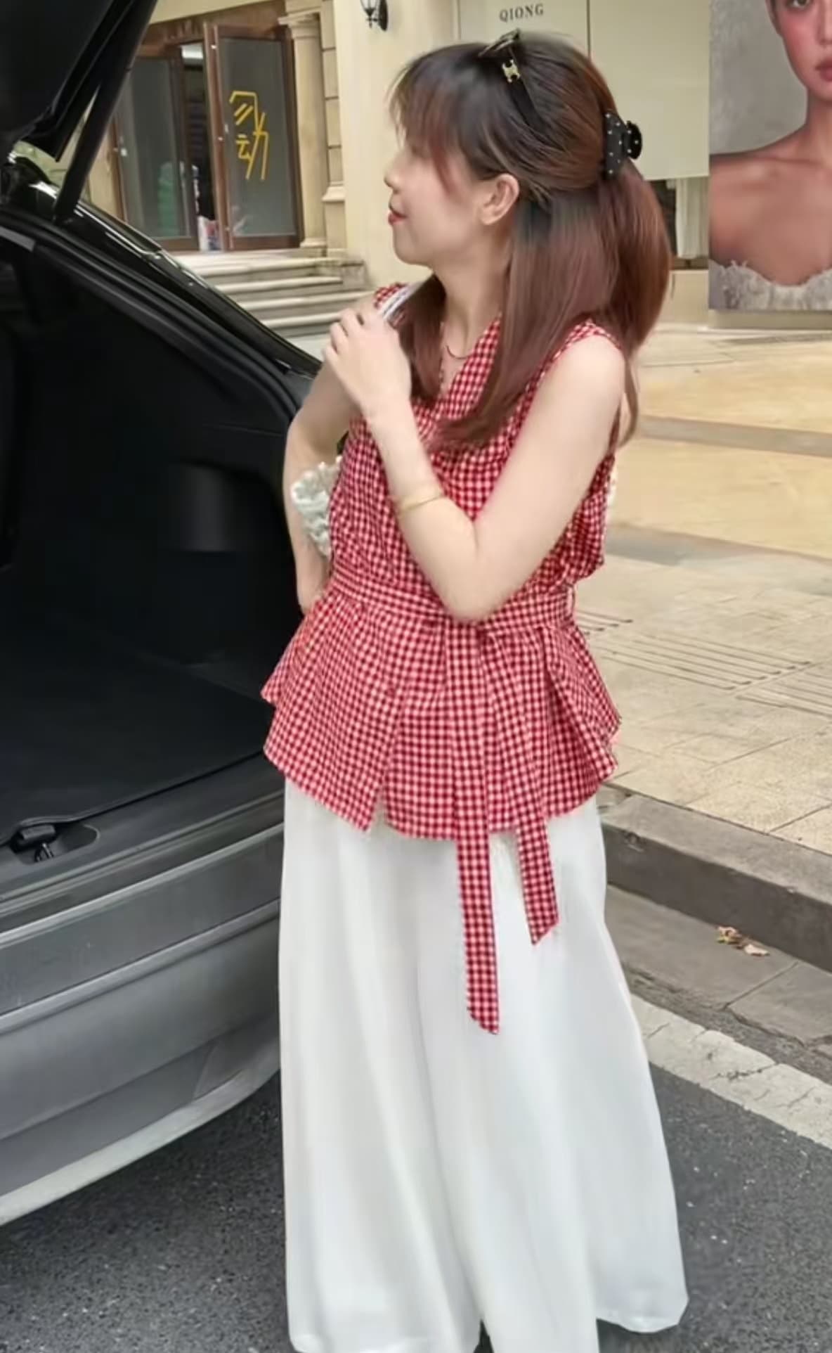 빛 요리 한 항구 바람 레트로 체크무늬 허리 수축 셔츠 여름 새로운 행침 목 리본 민소매 조끼 베스트 연령 감소 맨위 상세 이미지 2