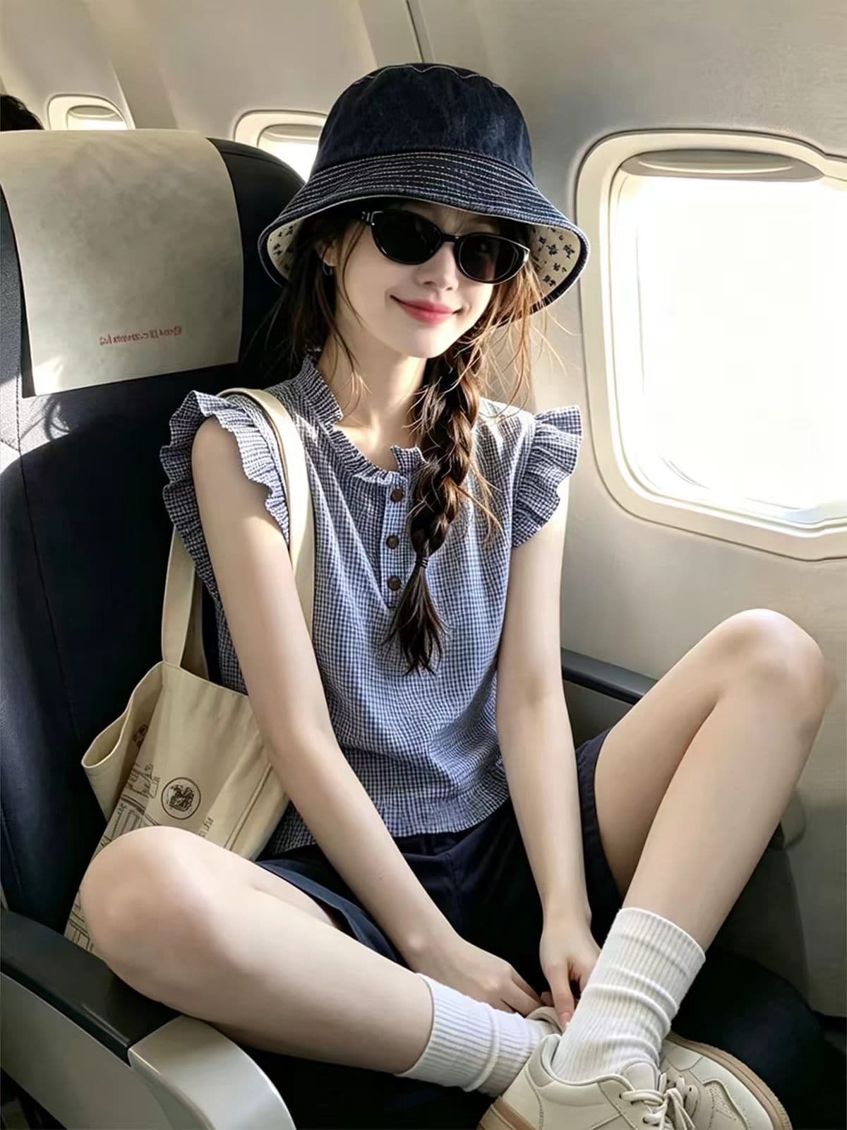 한 부서 작은 대중 디자인 센스 Feifei 소매 체크무늬 여성 셔츠 여름 연령 감소 캐주얼 루즈핏 프릴 조끼 맨위 이미지 2