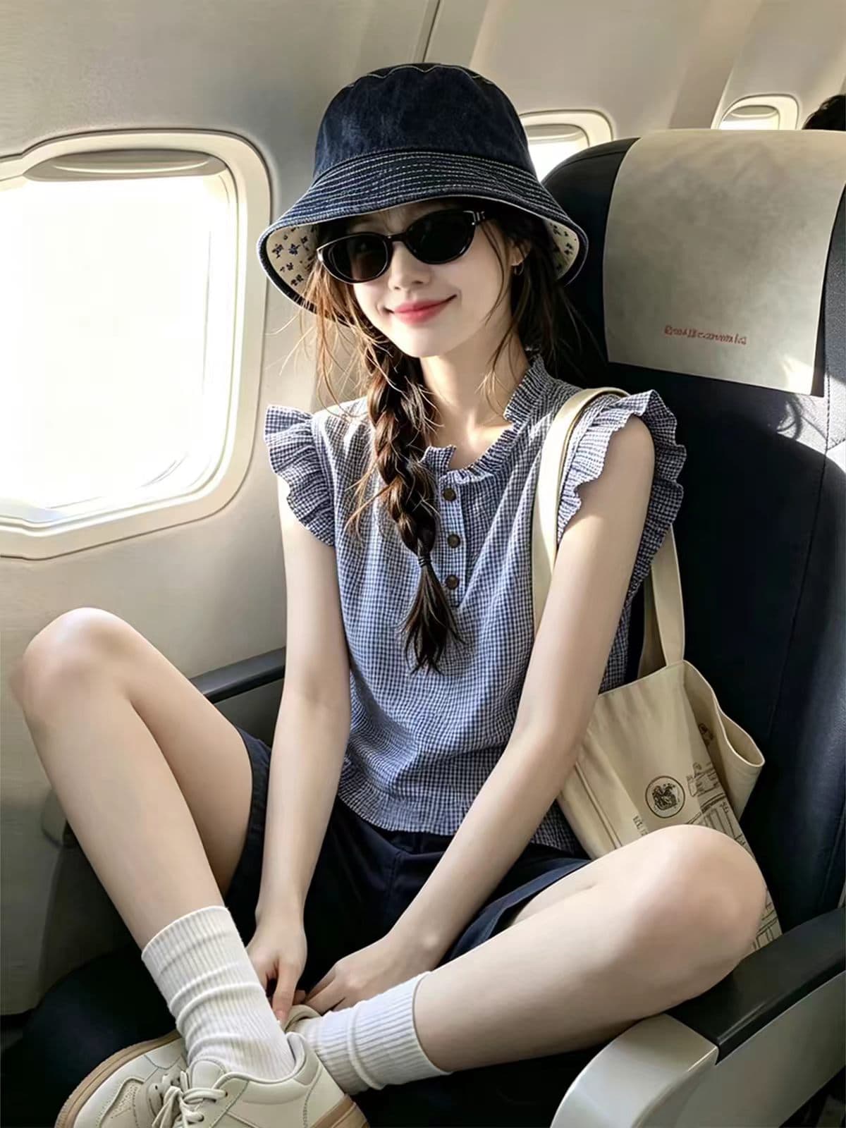한 부서 작은 대중 디자인 센스 Feifei 소매 체크무늬 여성 셔츠 여름 연령 감소 캐주얼 루즈핏 프릴 조끼 맨위 이미지 4