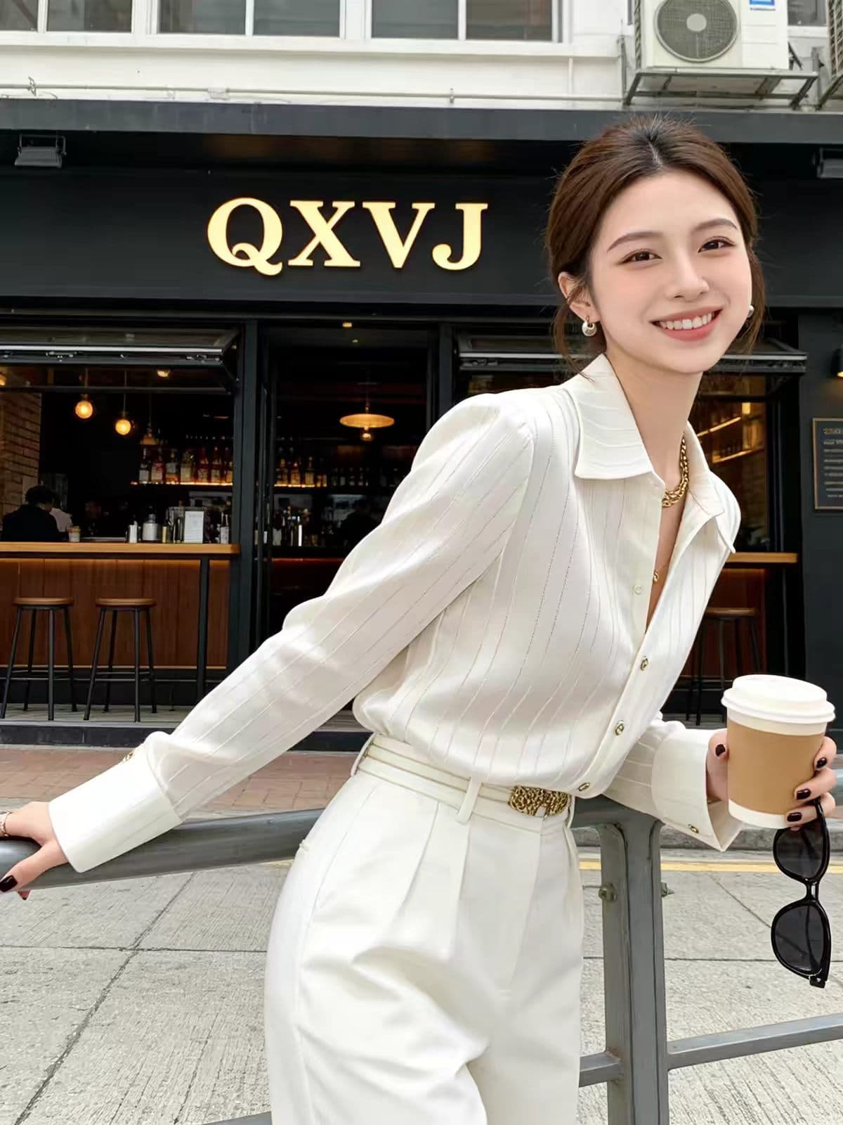 프랑스식 품격 빛 럭셔리 화이트 폴로 칼라 여성 셔츠 인사이드 가져 가라. 이른 가을 고급 센스 고유 한 Chic 새틴 긴팔 맨위 상세 이미지 3
