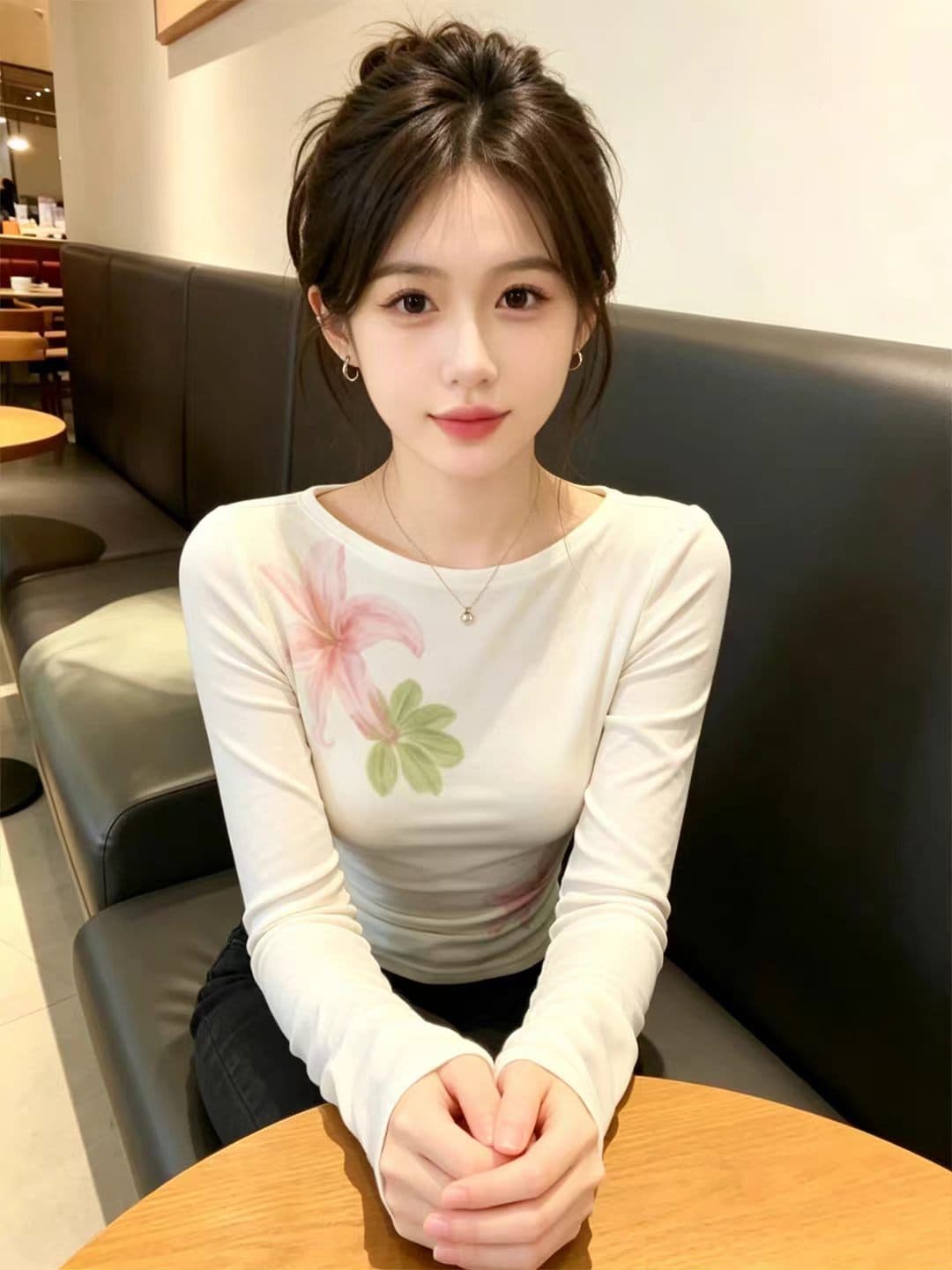 베이지 색 몸매 가꾸기 프린트 긴팔 티셔츠 조기 가을 의상 여자 2026 새로운 디자인 센스 부드러운 바람 한 첨부 된 의류 이미지 2