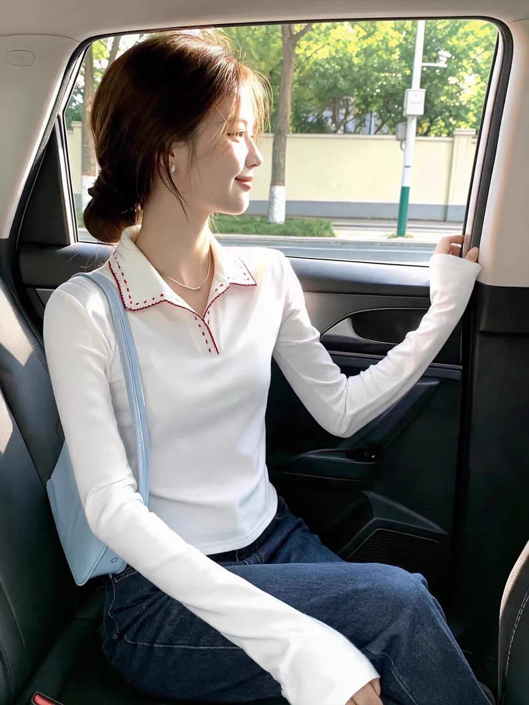 화이트 폴로 칼라 긴팔 티셔츠 여성 인사이드 가져 가라. 기본 셔츠 2026 가을 몸매 가꾸기 슬림해 보이는 패션 연령 감소 슬림해 보이는 맨위 이미지 2