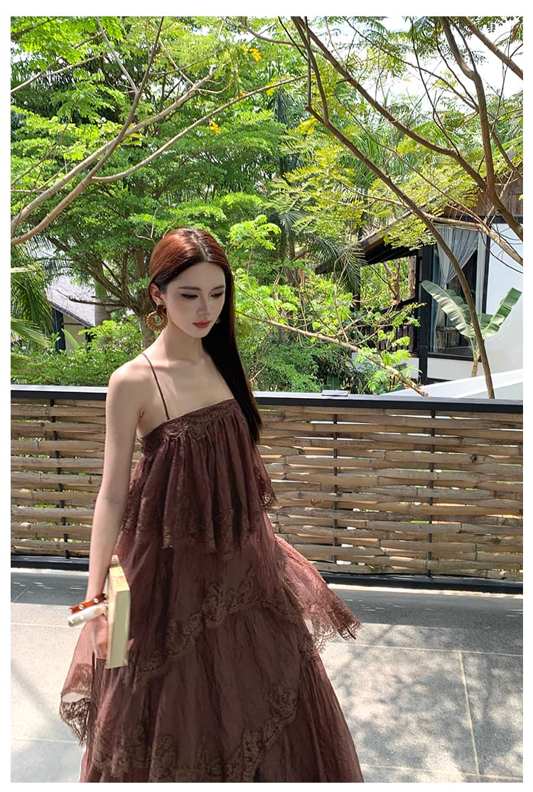 자오 세 보기 커피 색상 베이지 색 섹시함 레이스 슬립 여성 드레스 봄 여름 새로운 2026 프랑스식 레트로 상세 이미지 15