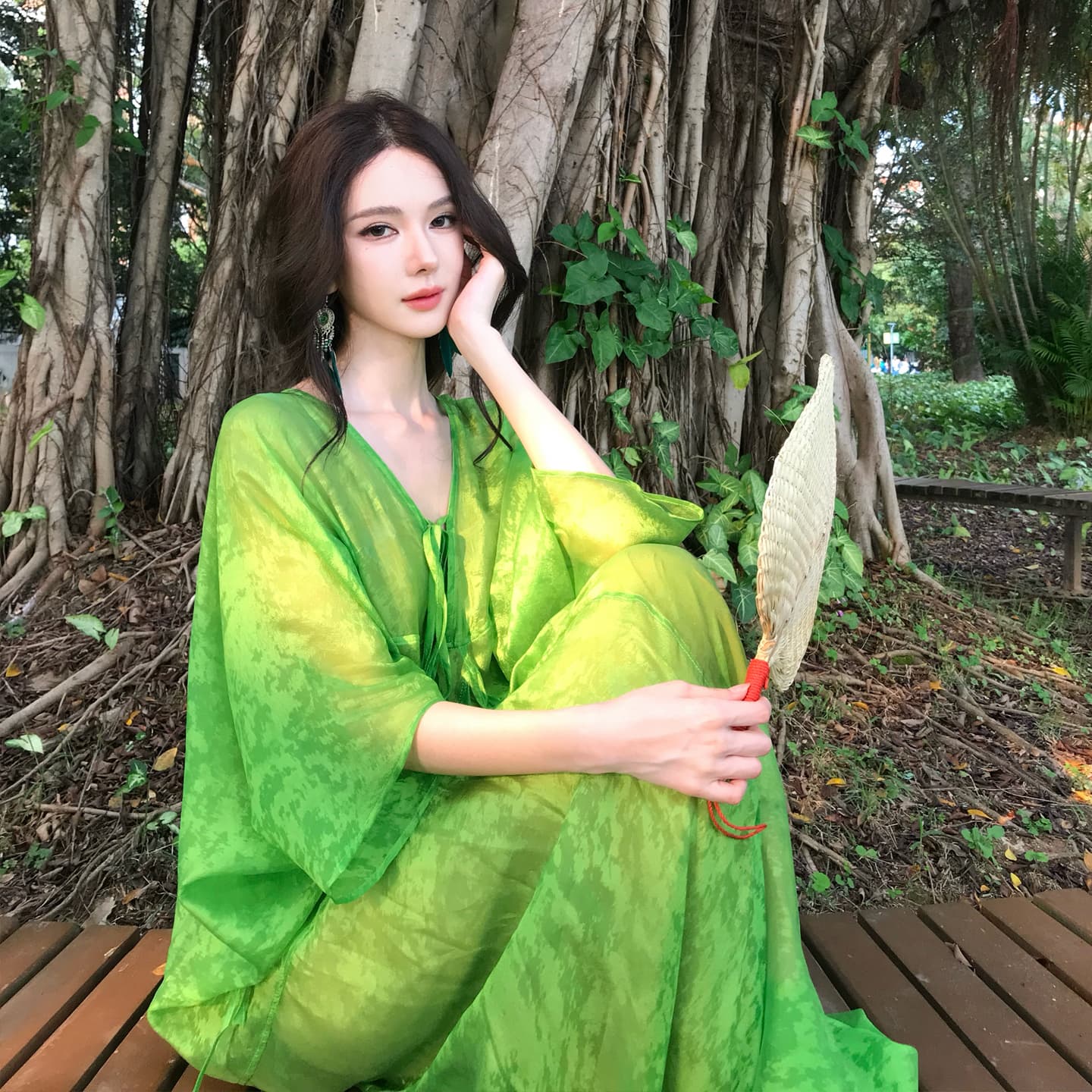 느긋한 바람 낭만주의 녹색 롱 스커트 여름 새로운 얇고 가벼운 시스루 센스 휴가 해변 드레스 이미지 6
