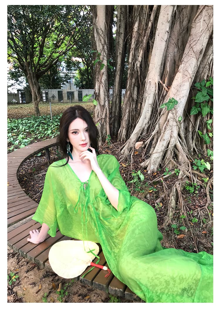 느긋한 바람 낭만주의 녹색 롱 스커트 여름 새로운 얇고 가벼운 시스루 센스 휴가 해변 드레스 상세 이미지 19