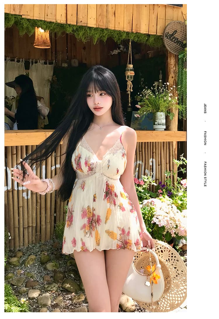주름 대 치마 드레스 길다 치마 꽃무늬 슬립 맨위 여름 상세 이미지 17