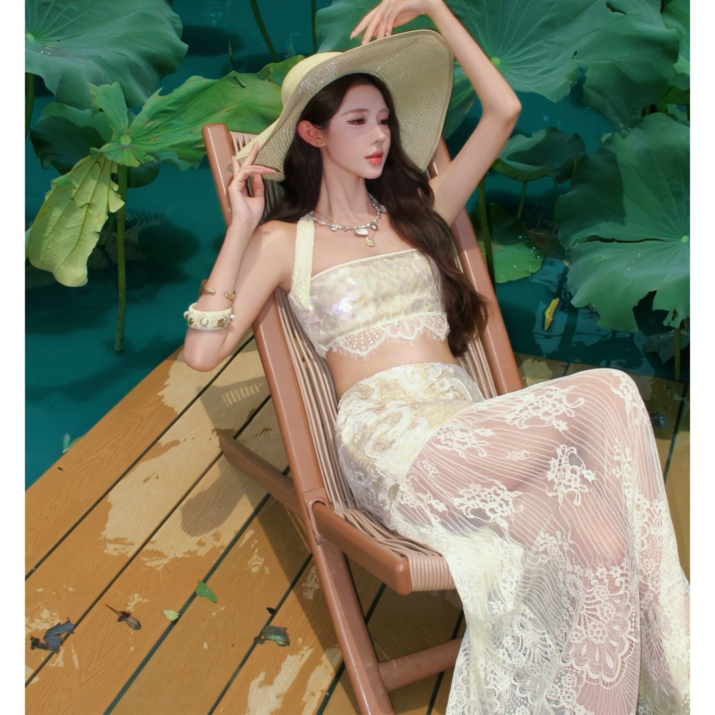 인어 행침 목 스팽글 튜브탑 골드 선 자카드 레이스 반 스커트 세트 이미지 2