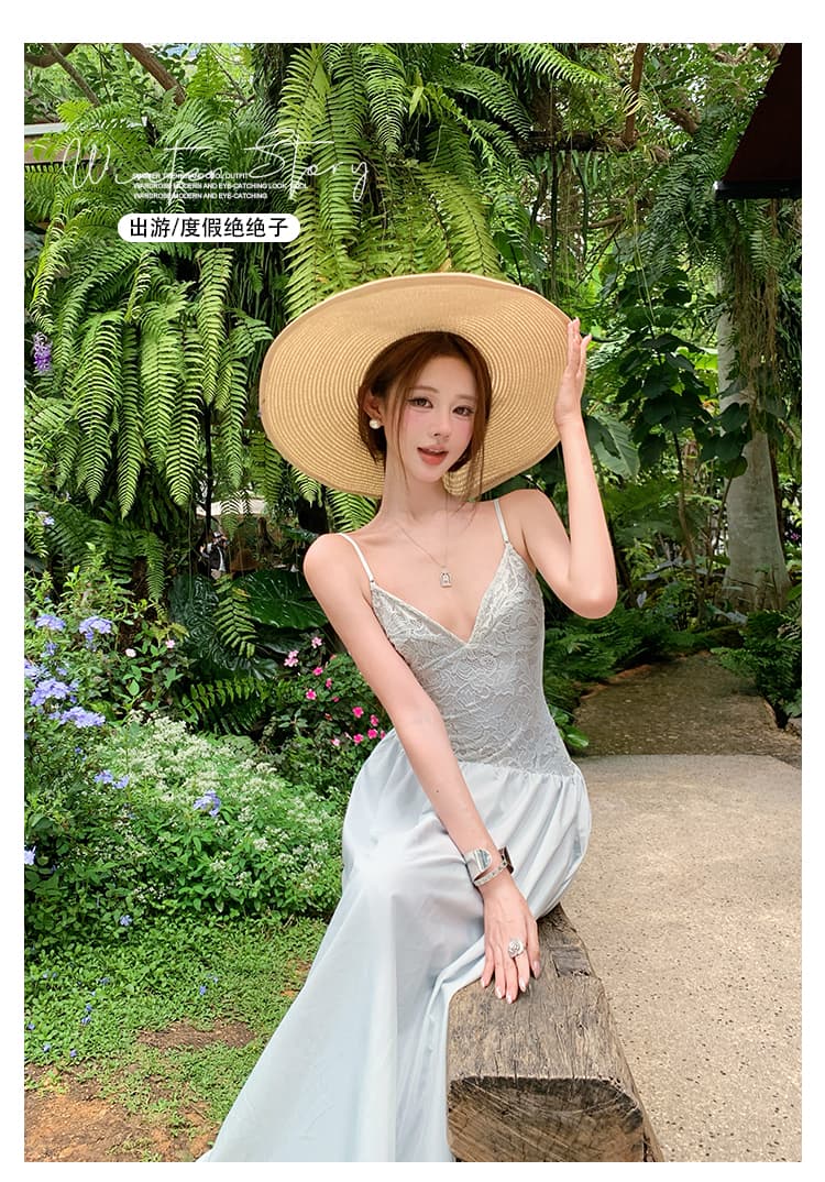 2026 봄 여름 새로운 품격 허리 수축 슬림해 보이는 세트 염색 패치워크 레이스 롱 코트 슬립 여성 드레스 상세 이미지 3