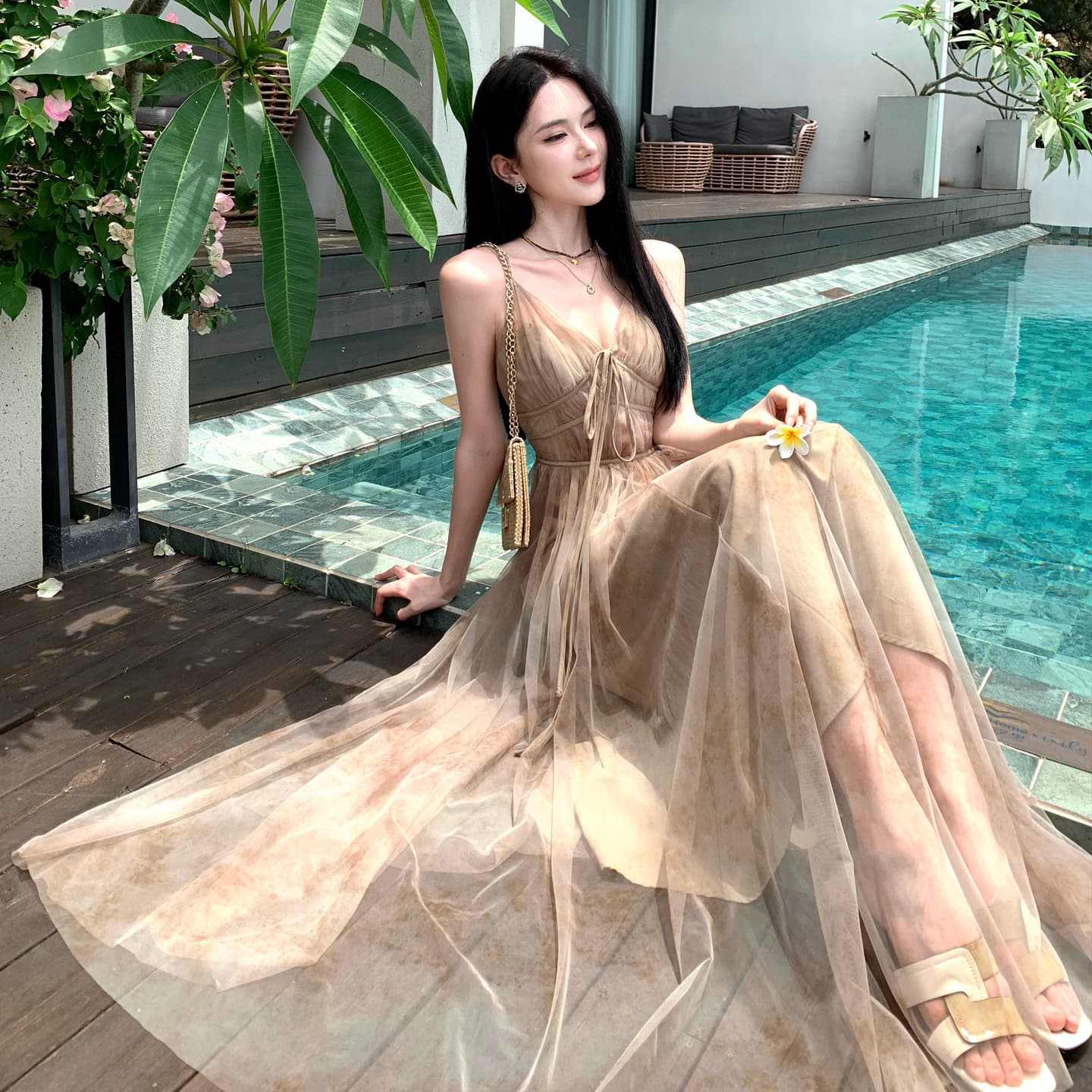 봄 산 멀리 黛 이중층 수묵화 헤일로 염색 망사 V넥 좋은 슬립 드레스 하이웨이스트 몸매 가꾸기 롱 스커트 이미지 5
