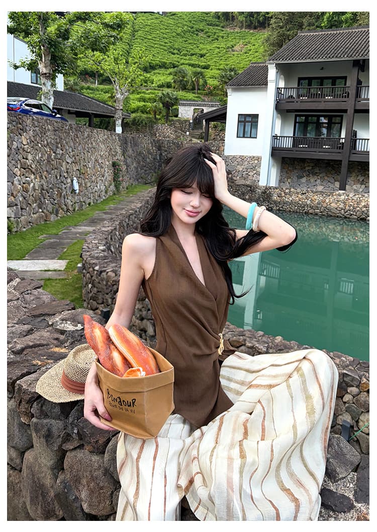 행침 목 맨위 여성 여름 2026 새로운 디자인 센스 작은 대중 민소매 슬림해 보이는 캐미솔 와이드 레그 팬츠 세트 상세 이미지 15