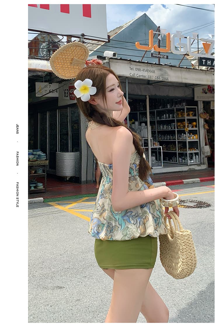 바람 아이리스 플라워 벨트 가슴 패드 레이스 행침 목 조끼 여성 루즈핏 슬림해 보이는 연령 감소 맨위 타이트 스커트 미니 스커트 휴가 세트 상세 이미지 12