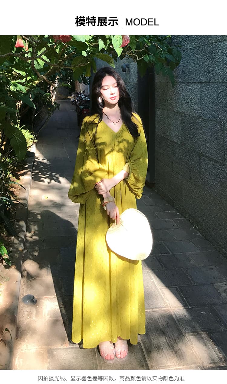 새로운 중식 국풍 V넥 루즈핏 도트 무늬 휴가 여성 드레스 여름 천 금빛 바람 치마 상세 이미지 8