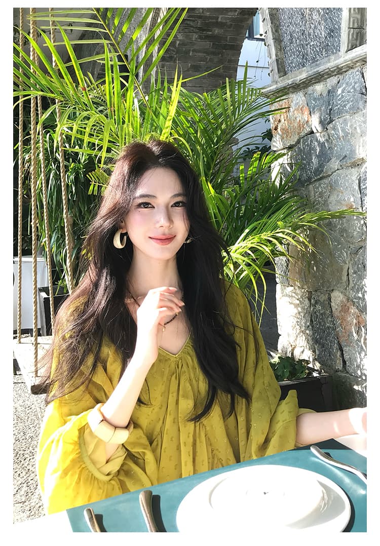 새로운 중식 국풍 V넥 루즈핏 도트 무늬 휴가 여성 드레스 여름 천 금빛 바람 치마 상세 이미지 19
