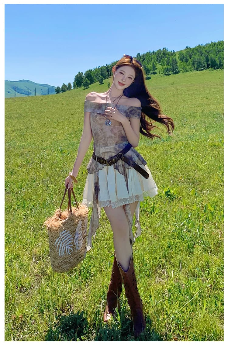 레트로 황야 사막 불모지 핫걸 바람 브라운 오프숄더 리본 맨위 여성 퍼프 미니 스커트 세트 상세 이미지 16