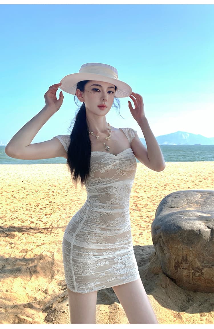 엷 은 안개 커브 화이트 레이스 작은 날다 소매 쇼트 스타일 타이트 스커트 드레스 여름 핫걸 섹시함 타이트 치마 상세 이미지 13
