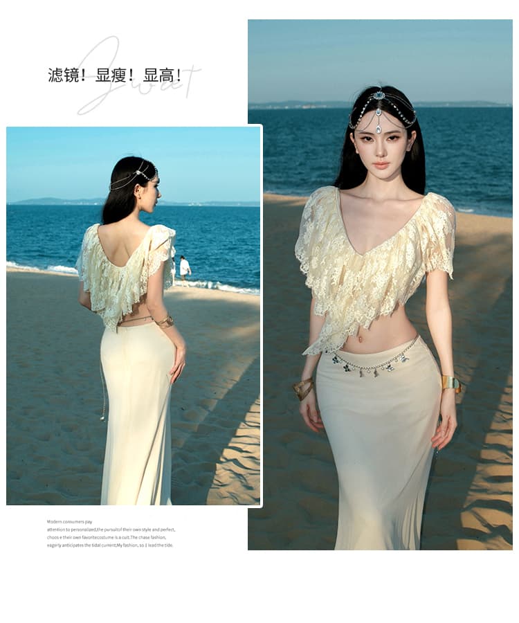 트로피컬 매우 무더운 살구 색상 레이스 쇼트 스타일 티셔츠 맨위 몸매 가꾸기 타이트 스커트 연회 예복 롱 스커트 세트 상세 이미지 5