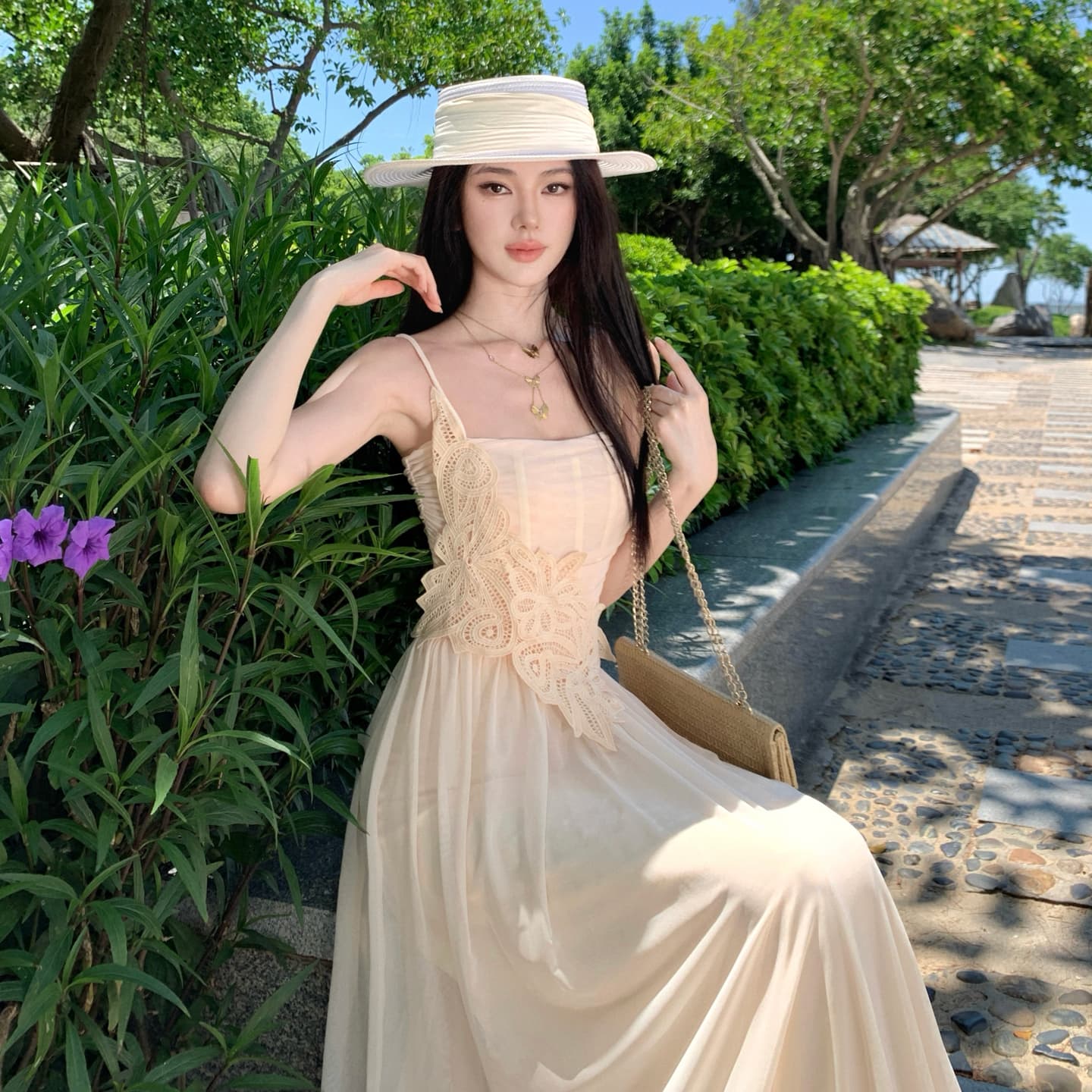 2026 여름 새로운 허리 수축 슬림해 보이는 생선뼈 패치워크 망사 롱 코트 비스듬한 어깨 튜브탑 여성 드레스 이미지 6