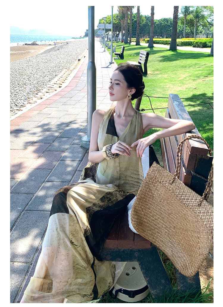2026 새로운 행침 목 여성 드레스 슬림해 보이는 V넥 조끼 롱 스커트 여름 상세 이미지 11