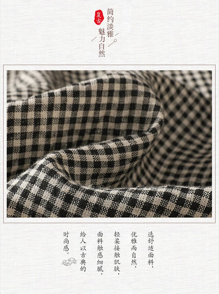 실사 라운드 넥 체크무늬 다용도 트임 셔츠 2026 여름 문예 아마 흑인과 백인 체크무늬 조끼 작은 셔츠 여성 상세 이미지 6