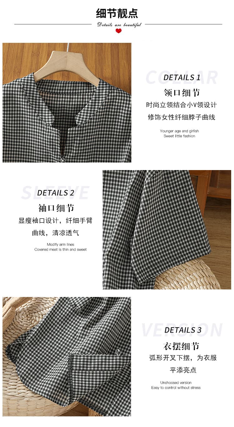 실사 느슨함 센스 면 린넨 체크무늬 5 점 소매 여성 셔츠 문예 레트로 맨위 2026 봄 여름 새로운 상세 이미지 4