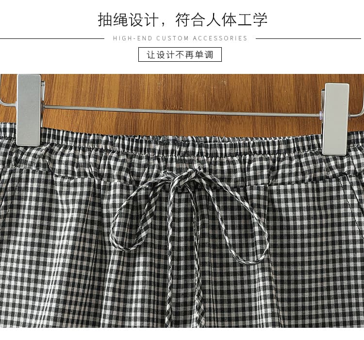 실사 느슨함 센스 면 린넨 체크무늬 와이드 레그 팬츠 캐주얼 바지 스트레이트 문예 레트로 루즈핏 봄 여름 새로운 상세 이미지 2