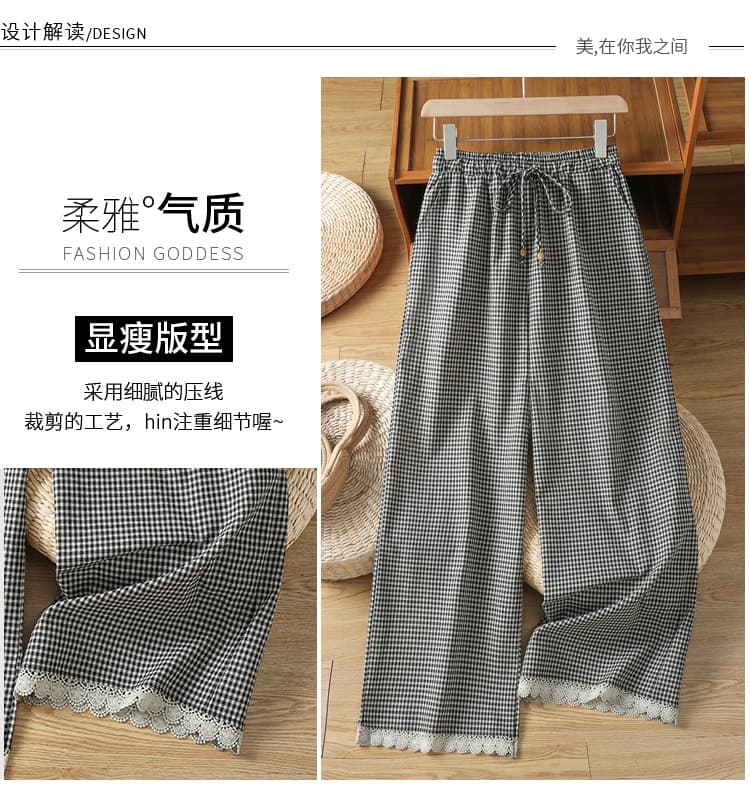 실사 느슨함 센스 면 린넨 체크무늬 와이드 레그 팬츠 캐주얼 바지 스트레이트 문예 레트로 루즈핏 봄 여름 새로운 상세 이미지 3