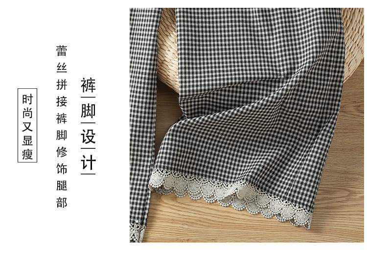 실사 느슨함 센스 면 린넨 체크무늬 와이드 레그 팬츠 캐주얼 바지 스트레이트 문예 레트로 루즈핏 봄 여름 새로운 상세 이미지 8