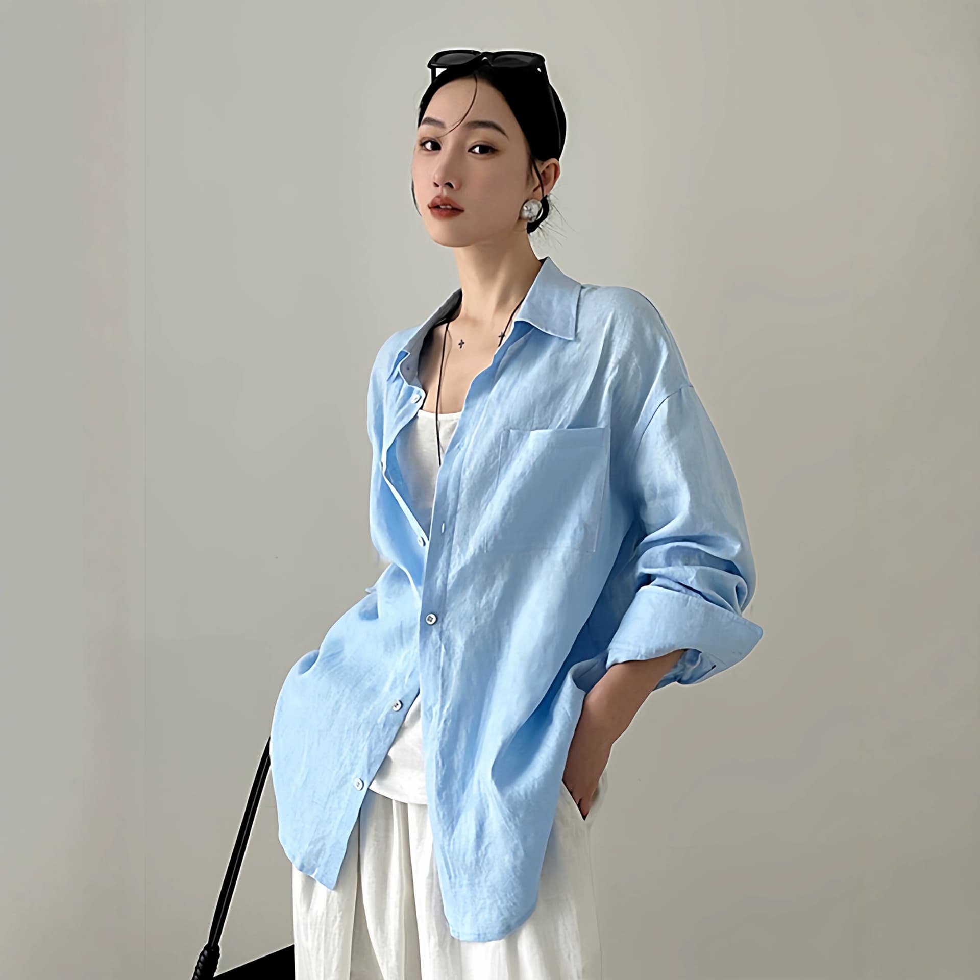 프랑스식 화이트 아마 오래된 돈 바람 여성 셔츠 봄 여름 루즈핏 느긋한 바람 느슨함 센스 면 린넨 셔츠 자외선 차단 맨위 상세 이미지 3