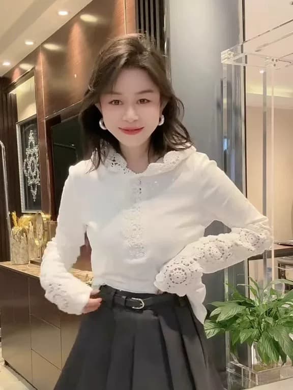 한국 스타일 후드 레이스 조각 순면 긴팔 티셔츠 여성 봄 새로운 다용도 품격 맨위 화이트 기본 셔츠 상세 이미지 2