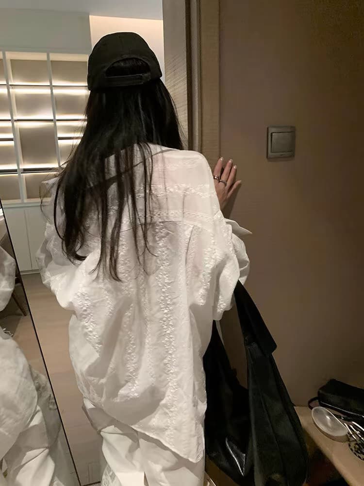 yoogirls 느슨함 센스 프로필 모양 화이트 아마 자수 긴팔 여성 셔츠 봄 여름 얇은 스타일 자외선 차단 셔츠 재킷 상세 이미지 1