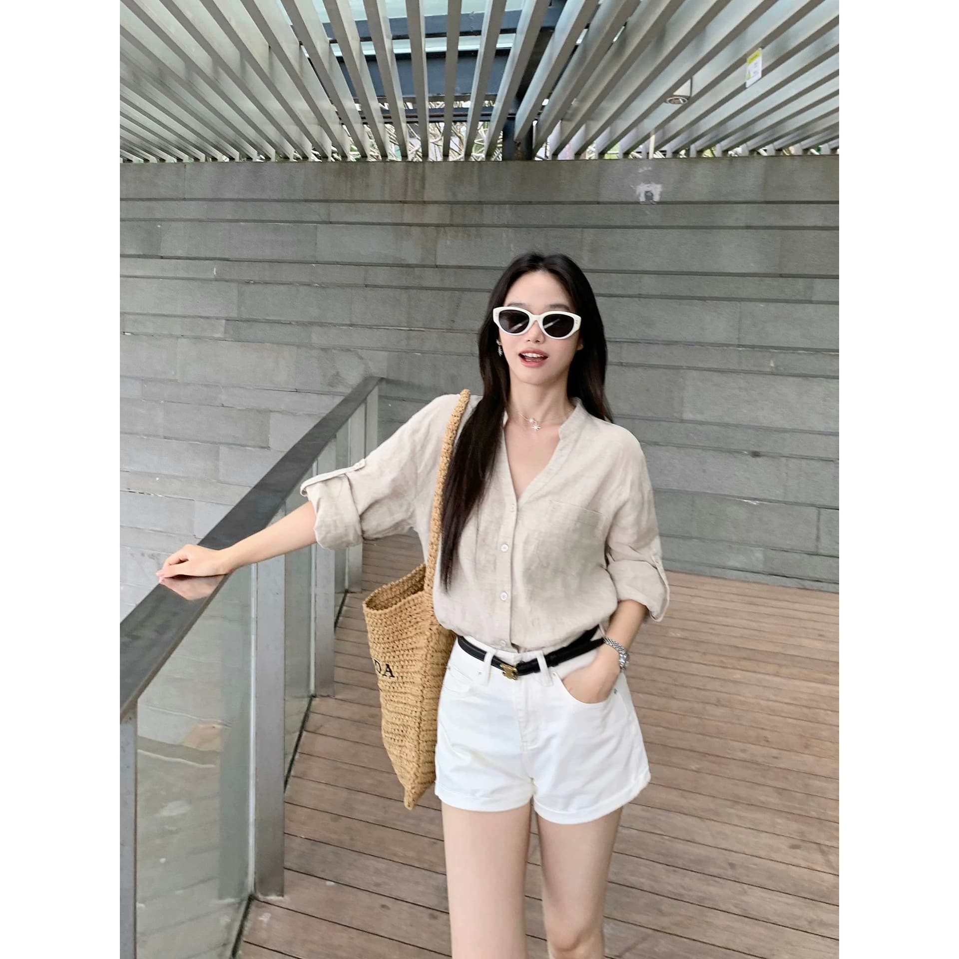 오래된 돈 질감 1oo 아마 V넥 여성 셔츠 느긋한 루즈핏 통기성 얇은 스타일 긴팔 셔츠 상세 이미지 5