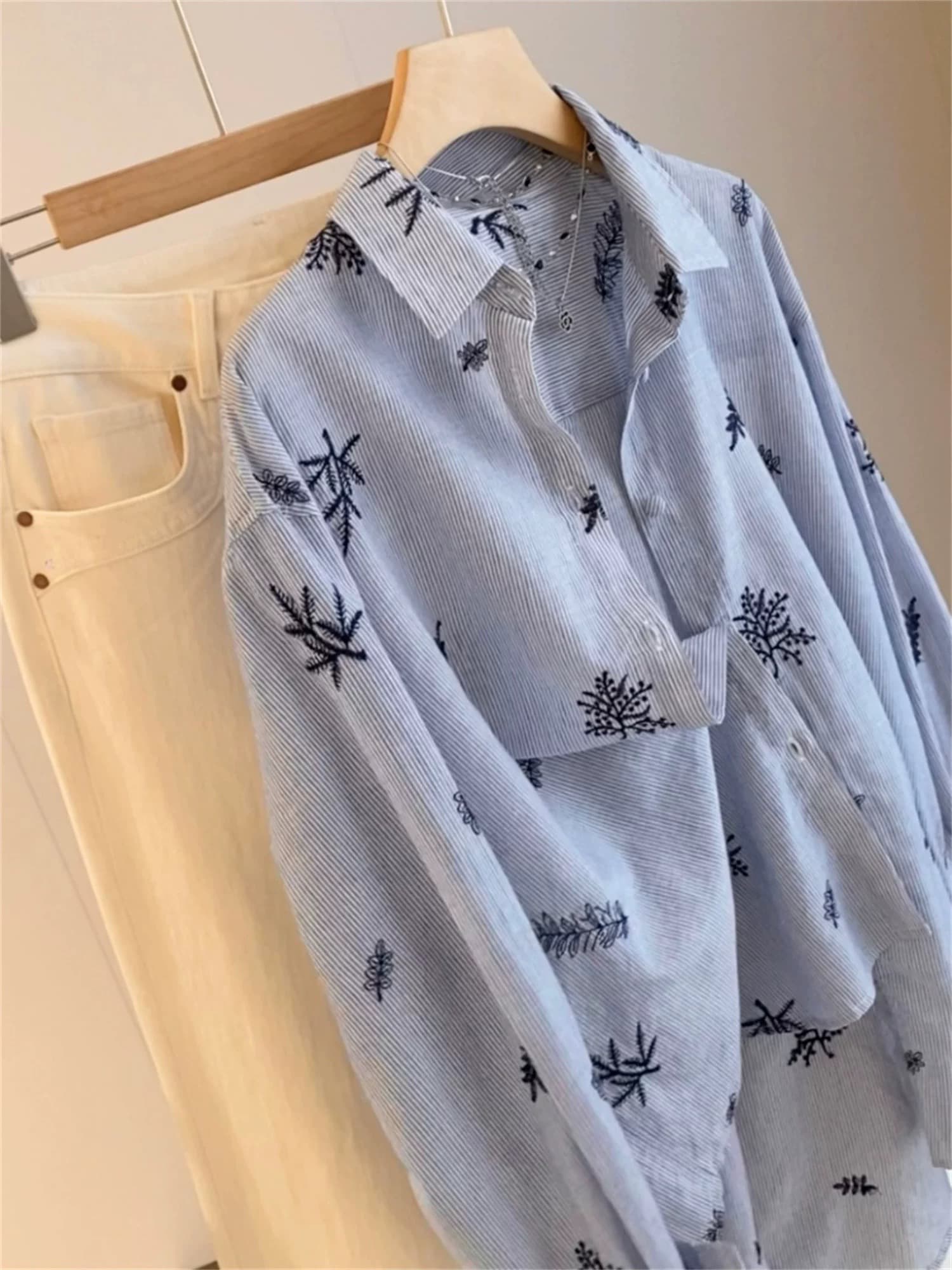 sj.shop 한 부서 디자인 센스 이른 봄 새로운 80 지점 고급 빗질된 면 3 차원 양면 자수 자카드 셔츠 작은 셔츠 상세 이미지 2