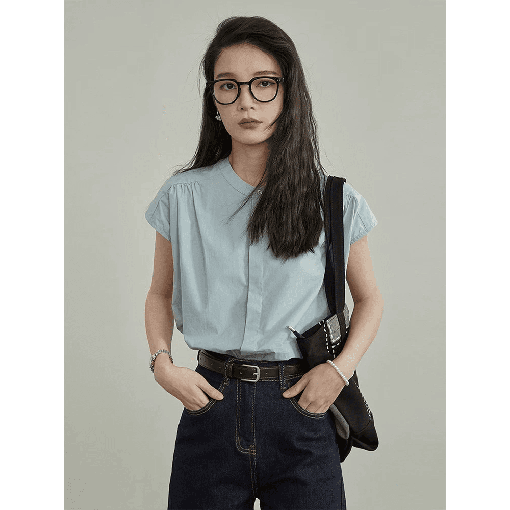프랑스식 고급 센스 파란색 작은 날다 소매 여성 셔츠 여름 디자인 센스 루즈핏 캐주얼 품격 출퇴근 민소매 맨위 이미지 5