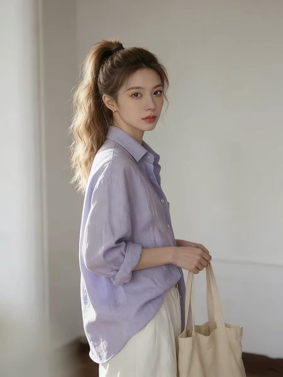 고급 센스 느긋한 바람 오래된 돈 라벤더 긴팔 여성 셔츠 2026 새로운 면 린넨 자외선 차단 슈퍼 화재 Chic 맨위 이미지 4