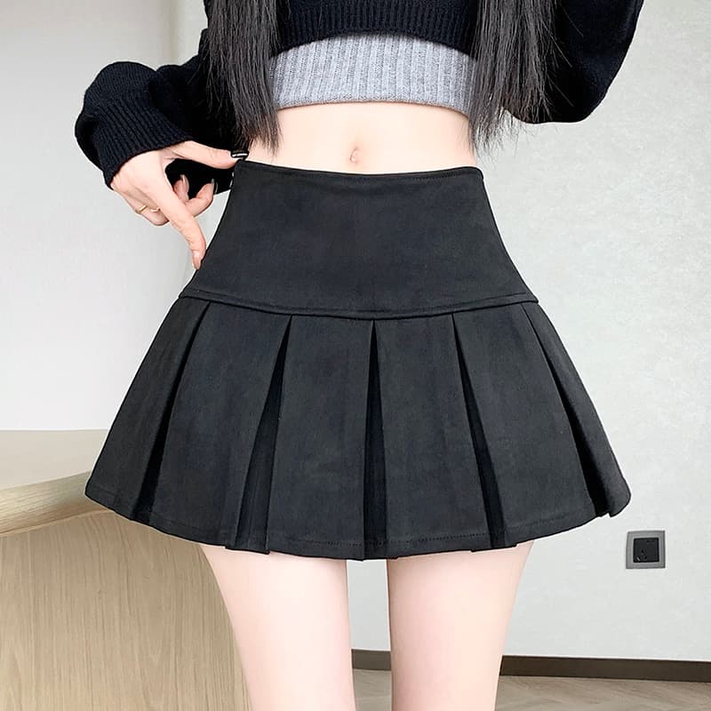 실사 사슴 캐시미어 플리츠 반신 스커트 여성 가을 겨울 하이웨이스트 디스플레이 얇고 작은 가죽 스커트 캐주얼 노출 방지 한 마디 짧은 치마바지 이미지 5