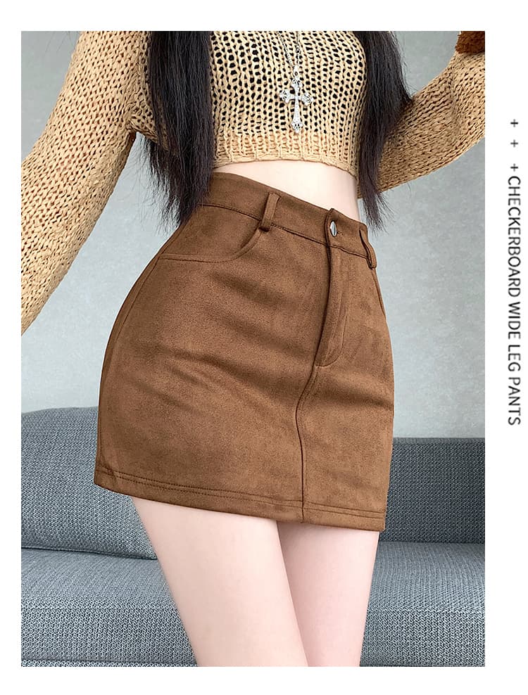 실사 레트로 브라운 스웨이드 원단 반신 스커트 여성 가을 겨울 다용도 주머니 타이트 스커트 하이웨이스트 슬림해 보이는 한 마디 미니 스커트 상세 이미지 19
