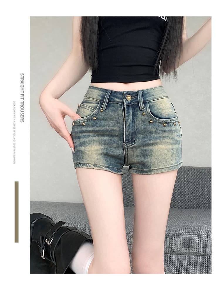 실사 순수한 욕망 핫걸 bm 바람 데님 반바지 여성 2026 여름 레트로 버튼 못 그라인딩 홀 하이웨이스트 슬림해 보이는 뜨거운 바지 상세 이미지 20