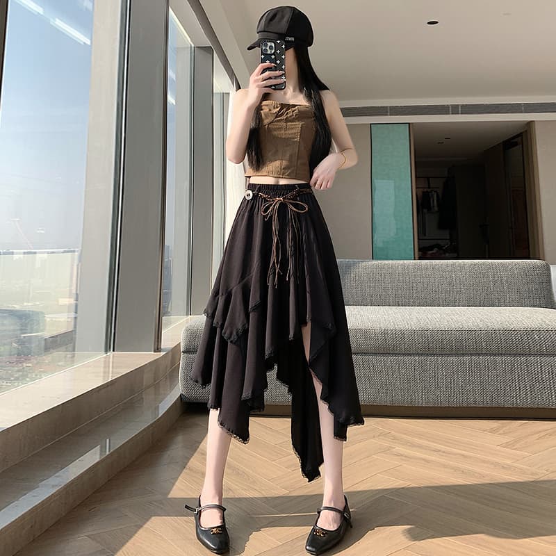 실사 프랑스식 레트로 불규칙 프릴 쉬폰 반신 스커트 여성 휴가 바람 큰 진자 핫걸 한 마디 케이크 드레스 이미지 5
