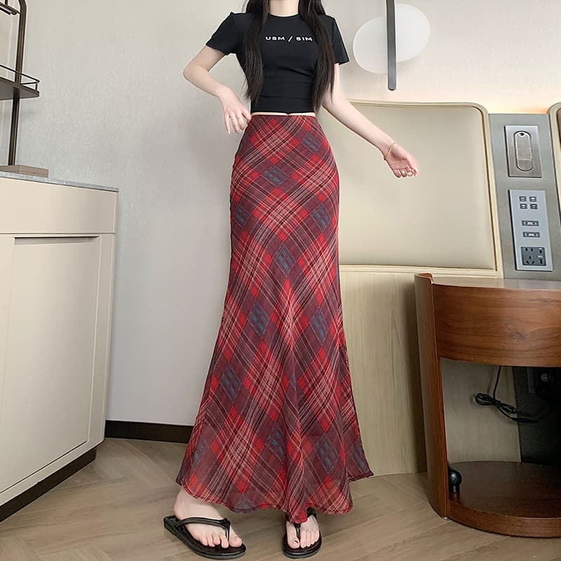 실사 아메리칸 레트로 디자인 센스 빨간색 체크무늬 한 마디 반신 스커트 여성 핫걸 하이웨이스트 슬림해 보이는 인어 꼬리 진자 롱 스커트 이미지 5