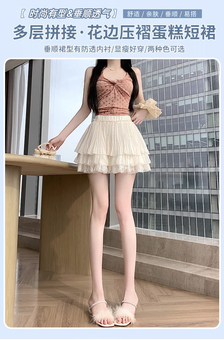실사 달콤함 발레 바람 레이스 레이스 퍼프 케이크 드레스 새로운 한 부서 다용도 주름 슬림해 보이는 한 마디 미니 스커트 상세 이미지 1