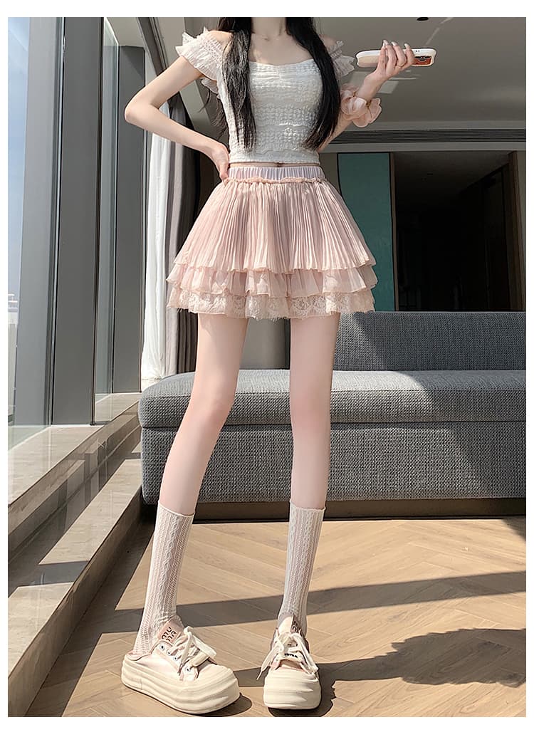 실사 달콤함 발레 바람 레이스 레이스 퍼프 케이크 드레스 새로운 한 부서 다용도 주름 슬림해 보이는 한 마디 미니 스커트 상세 이미지 24